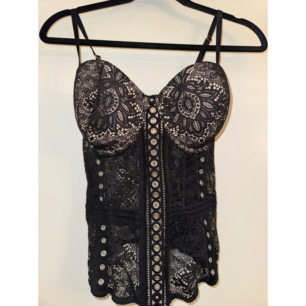 Victoria's Secret Black Lace Grommet Corset Bustier Top 36D Halloween costume